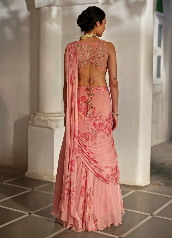 Pastel Pink Printed Chiffon Pre - Draped Saree Paulmi and Harsh - Fabilicious Fashion
