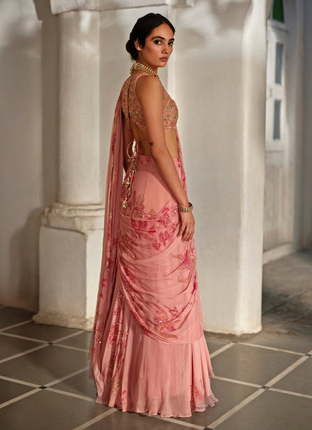 Pastel Pink Printed Chiffon Pre - Draped Saree Paulmi and Harsh - Fabilicious Fashion