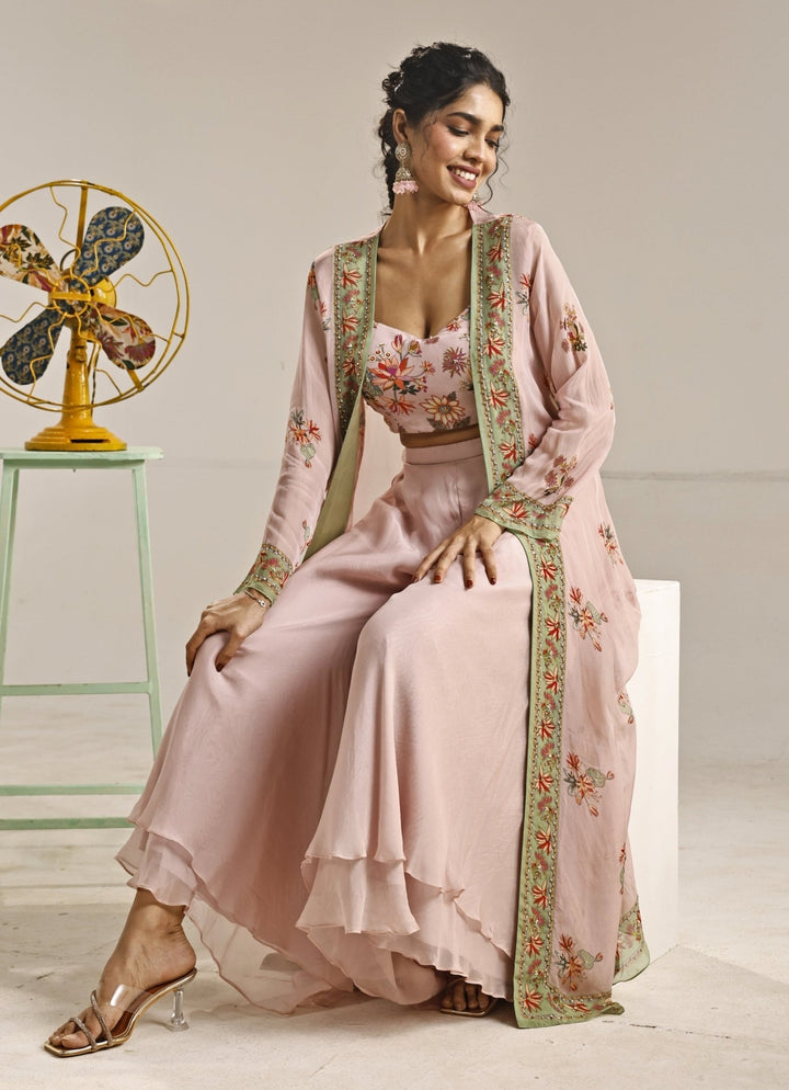 Pastel Pink Printed Crepe Co - Ord Set With Cape Soup by Sougat Paul - Fabilicious Fashion