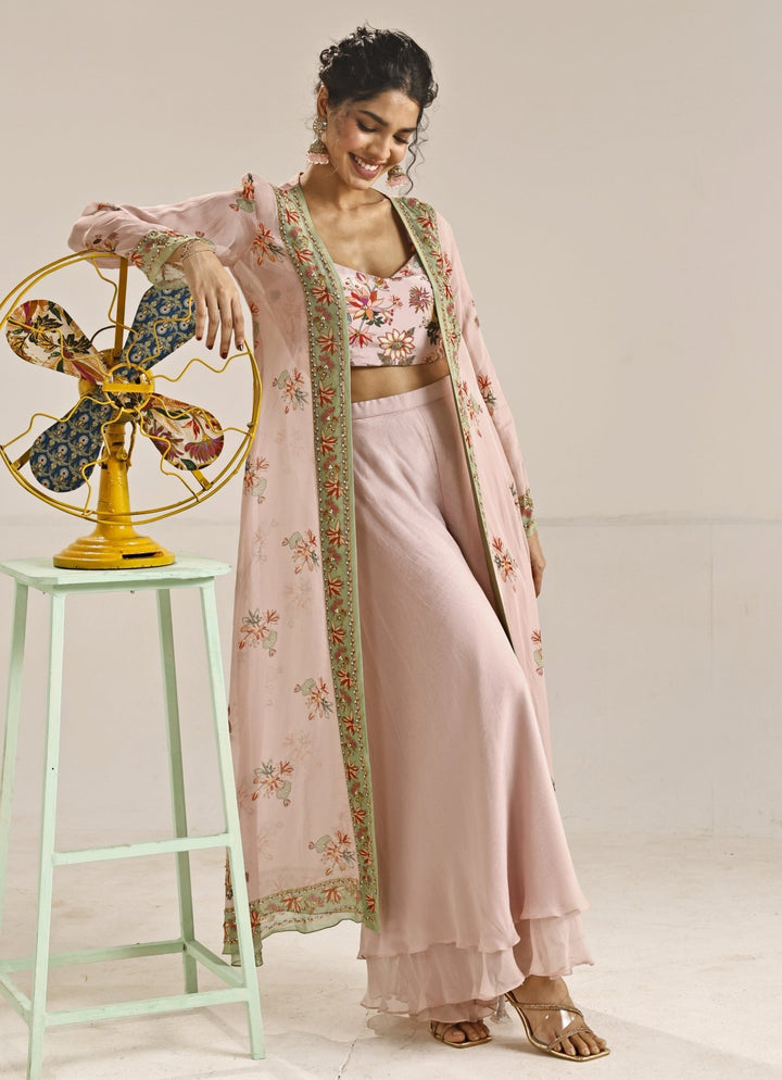 Pastel Pink Printed Crepe Co - Ord Set With Cape Soup by Sougat Paul - Fabilicious Fashion