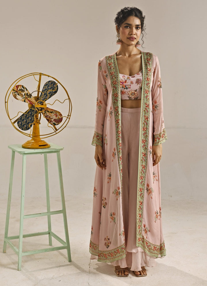 Pastel Pink Printed Crepe Co - Ord Set With Cape Soup by Sougat Paul - Fabilicious Fashion