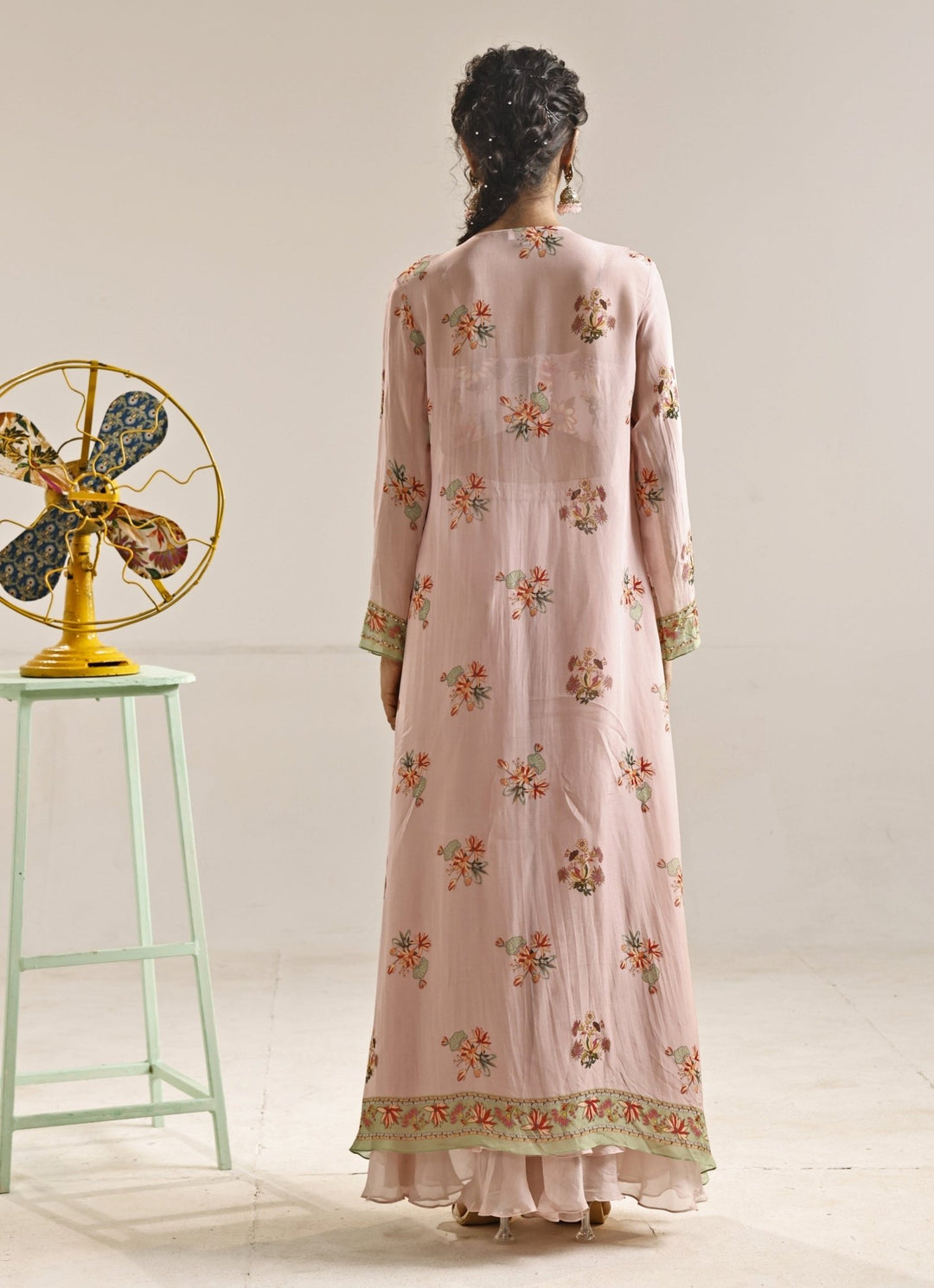 Pastel Pink Printed Crepe Co - Ord Set With Cape Soup by Sougat Paul - Fabilicious Fashion