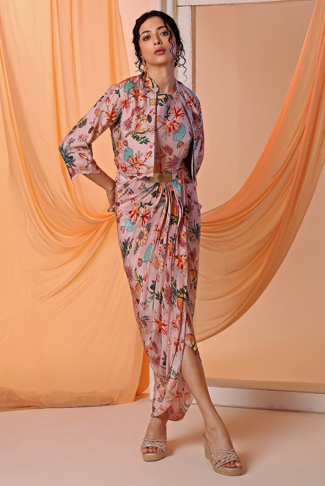 Pastel Pink Printed Crepe Draped Dress With Jacket Soup by Sougat Paul - Fabilicious Fashion