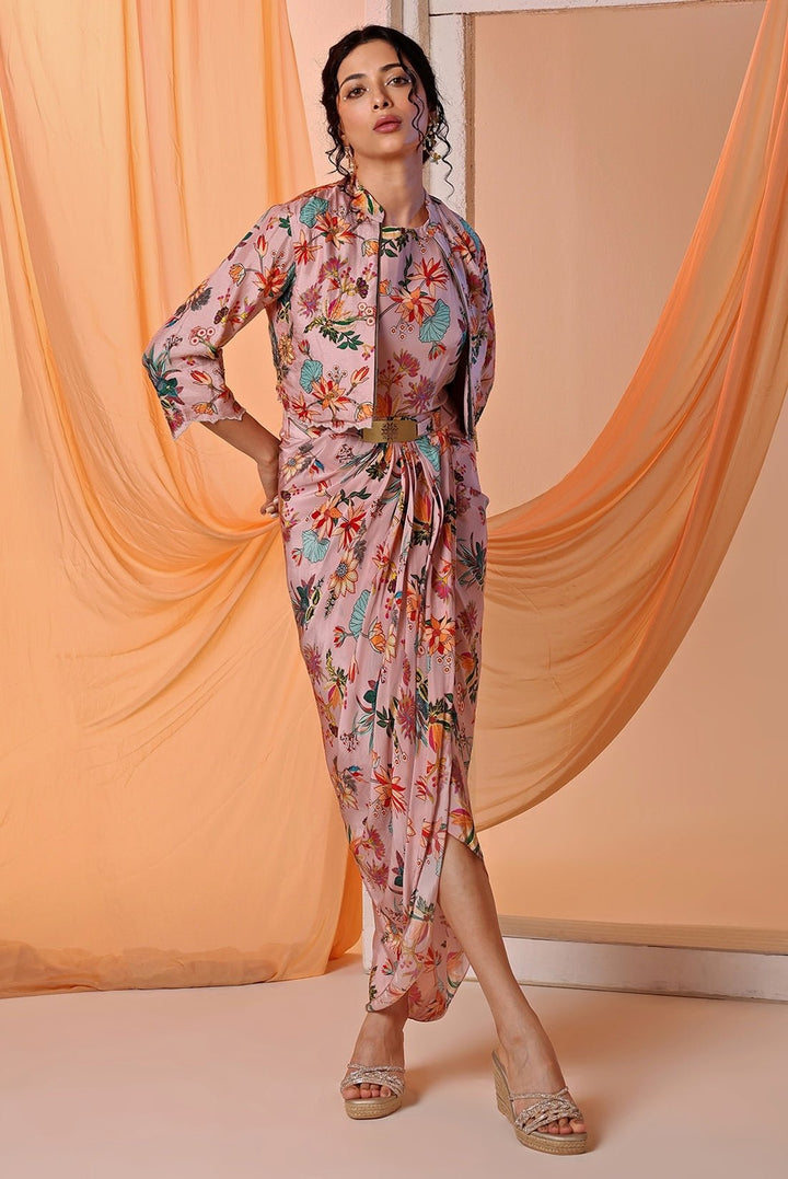 Pastel Pink Printed Crepe Draped Dress With Jacket Soup by Sougat Paul - Fabilicious Fashion