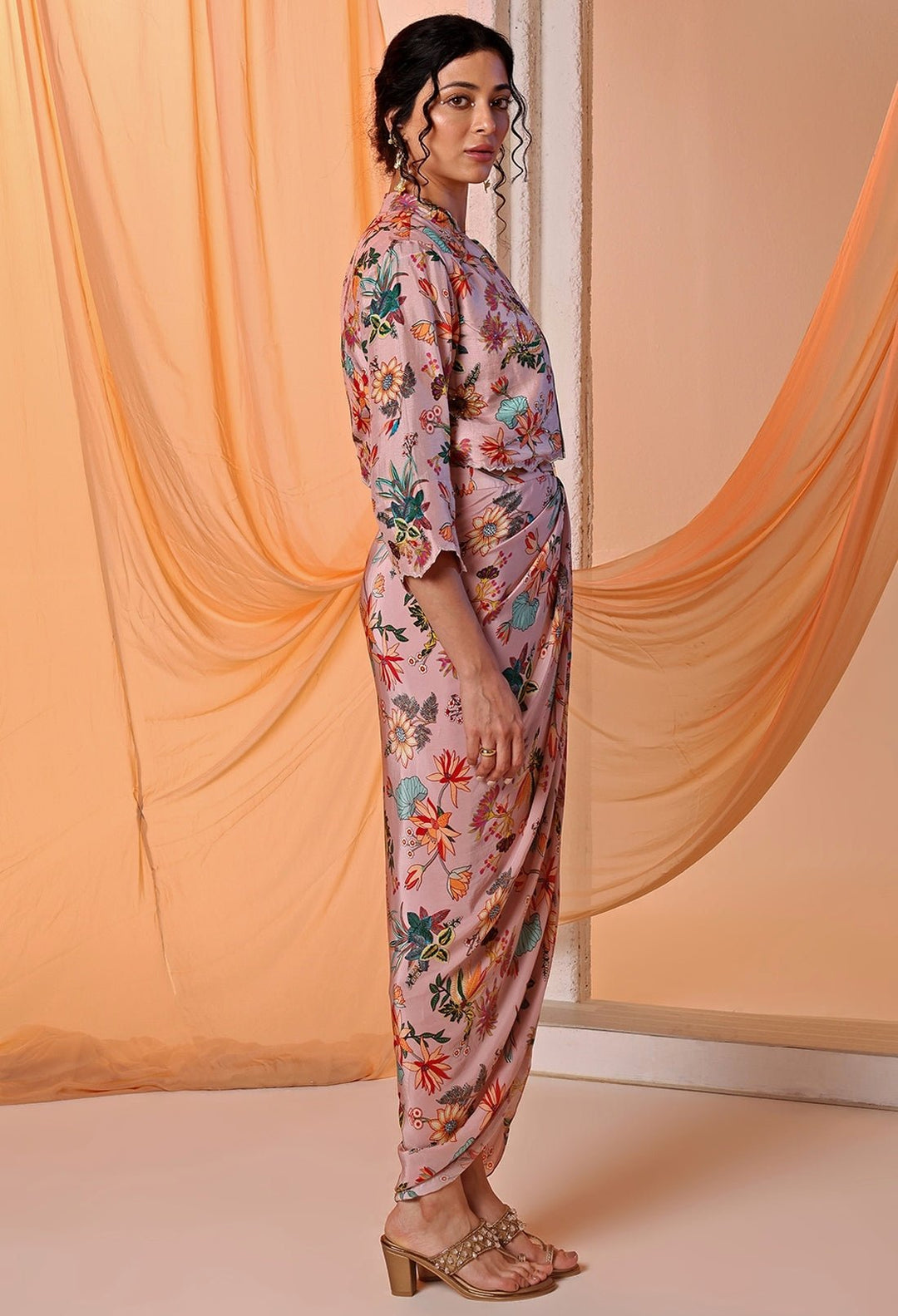 Pastel Pink Printed Crepe Draped Dress With Jacket Soup by Sougat Paul - Fabilicious Fashion
