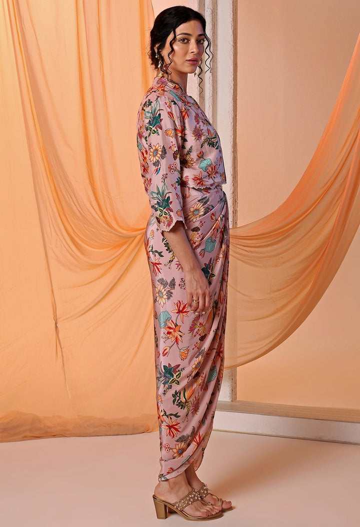 Pastel Pink Printed Crepe Draped Dress With Jacket Soup by Sougat Paul - Fabilicious Fashion