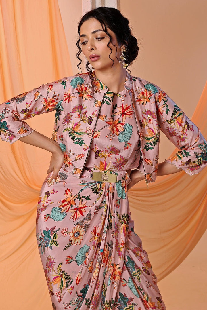 Pastel Pink Printed Crepe Draped Dress With Jacket Soup by Sougat Paul - Fabilicious Fashion