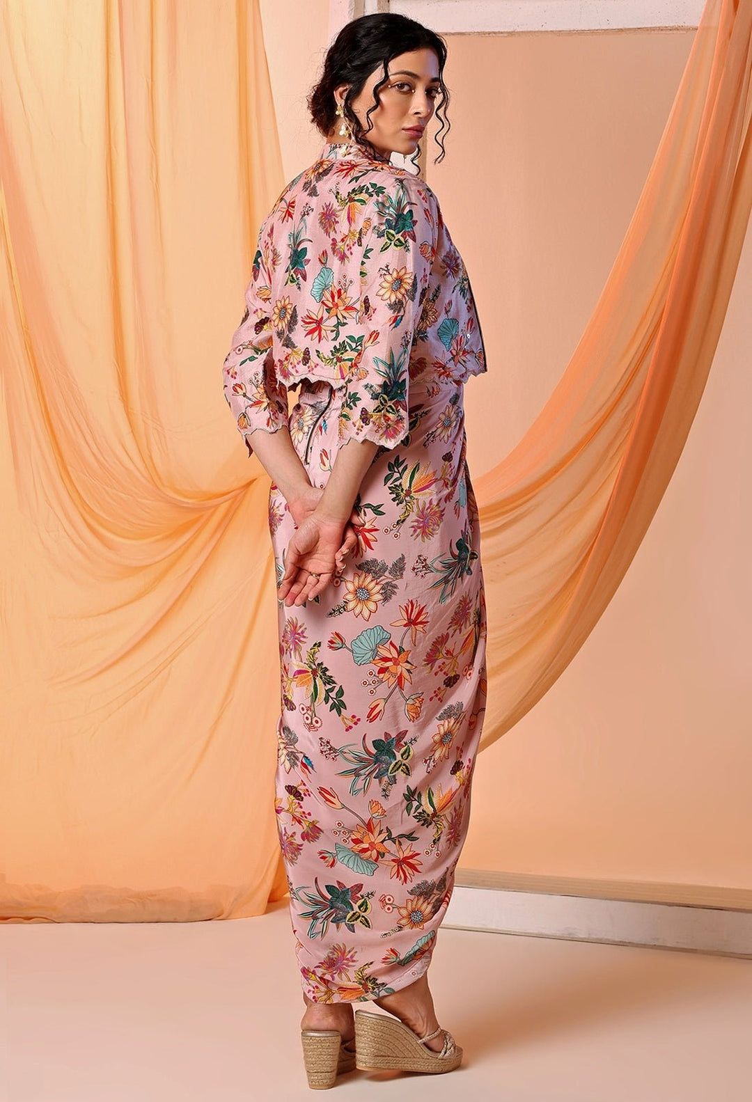 Pastel Pink Printed Crepe Draped Dress With Jacket Soup by Sougat Paul - Fabilicious Fashion