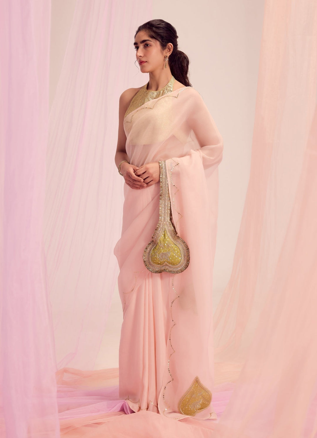 Pastel Pink Pure Silk Organza Saree Kapardara - Fabilicious Fashion