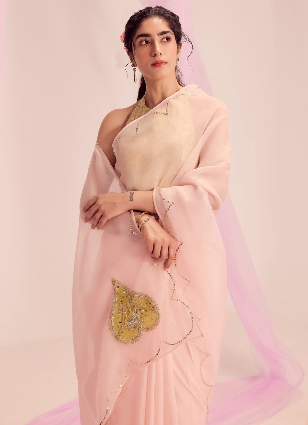 Pastel Pink Pure Silk Organza Saree Kapardara - Fabilicious Fashion