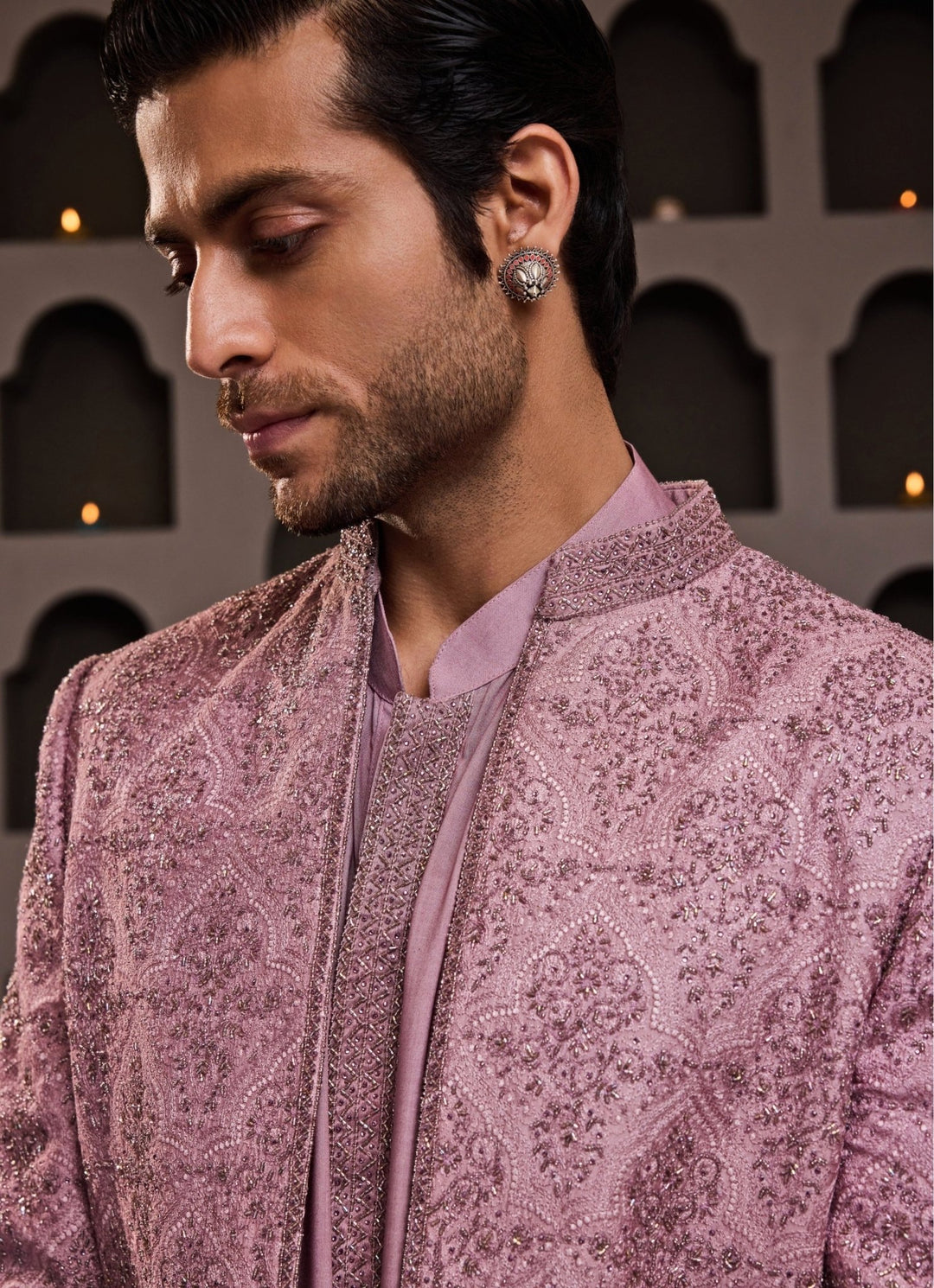 Pastel Pink Raw Silk Long Jacket Set Nitika Gujral - Men - Fabilicious Fashion
