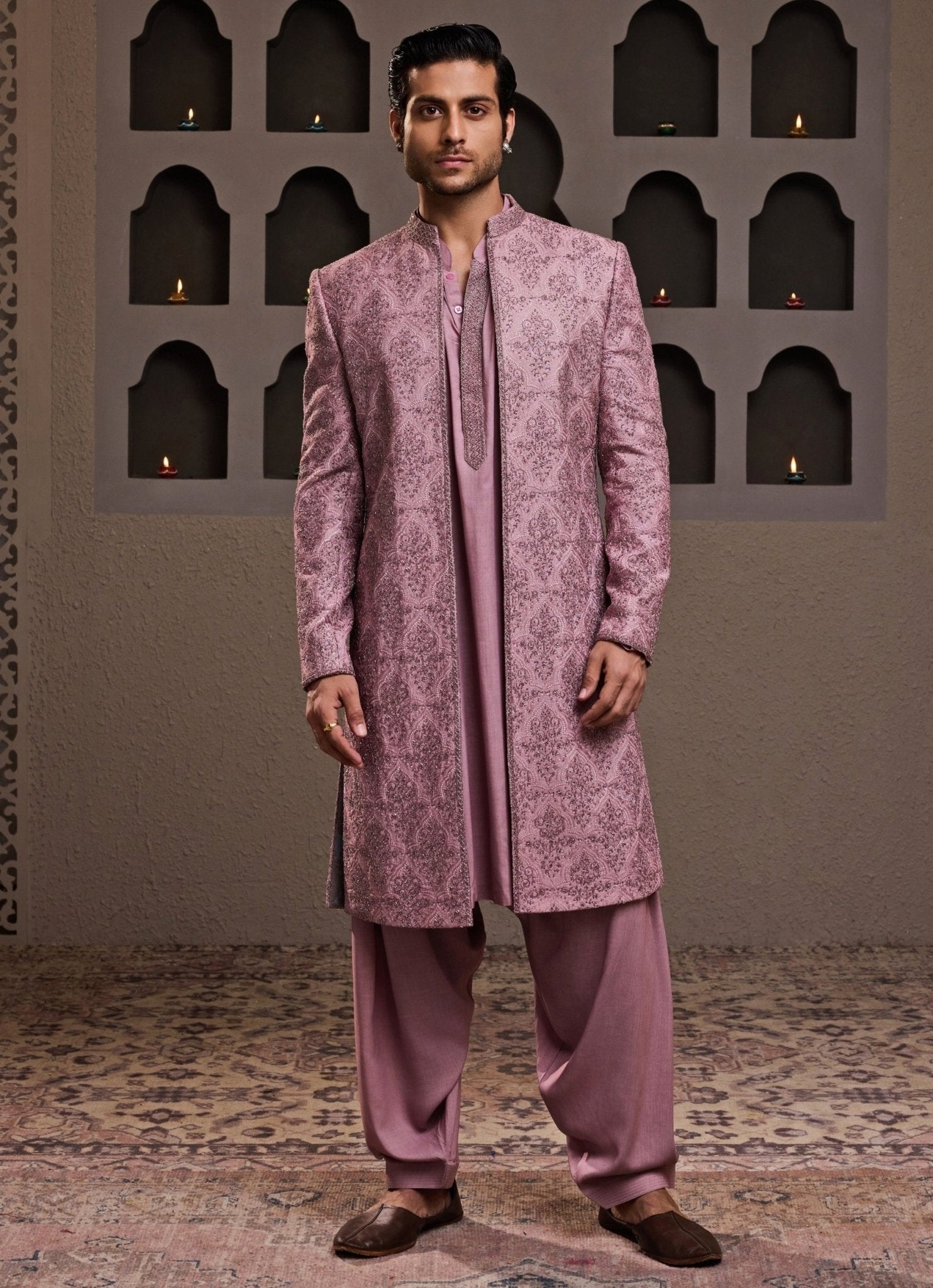 Pastel pink raw silk long jacket set for a jaggo by Nitika Gujral, made to measure