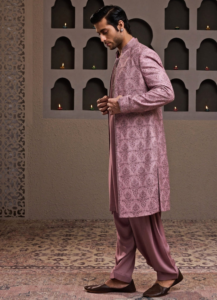 Pastel Pink Raw Silk Long Jacket Set Nitika Gujral - Men - Fabilicious Fashion