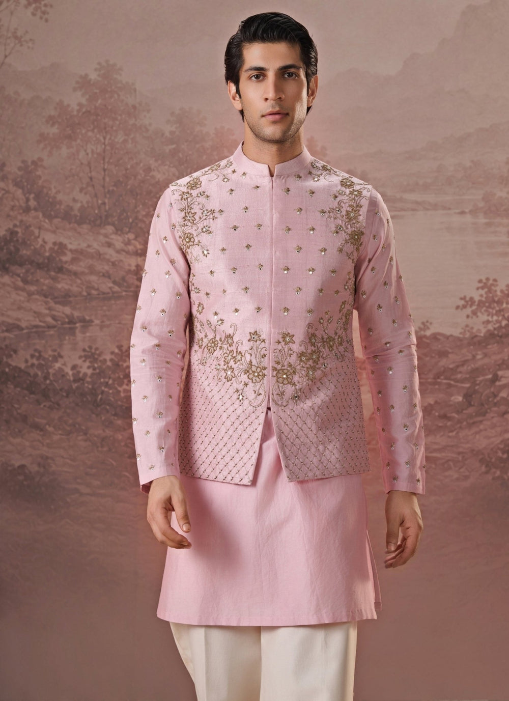 Contrast by Parth Pastel Pink Raw Silk Nehru Jacket SetFabilicious Fashion
