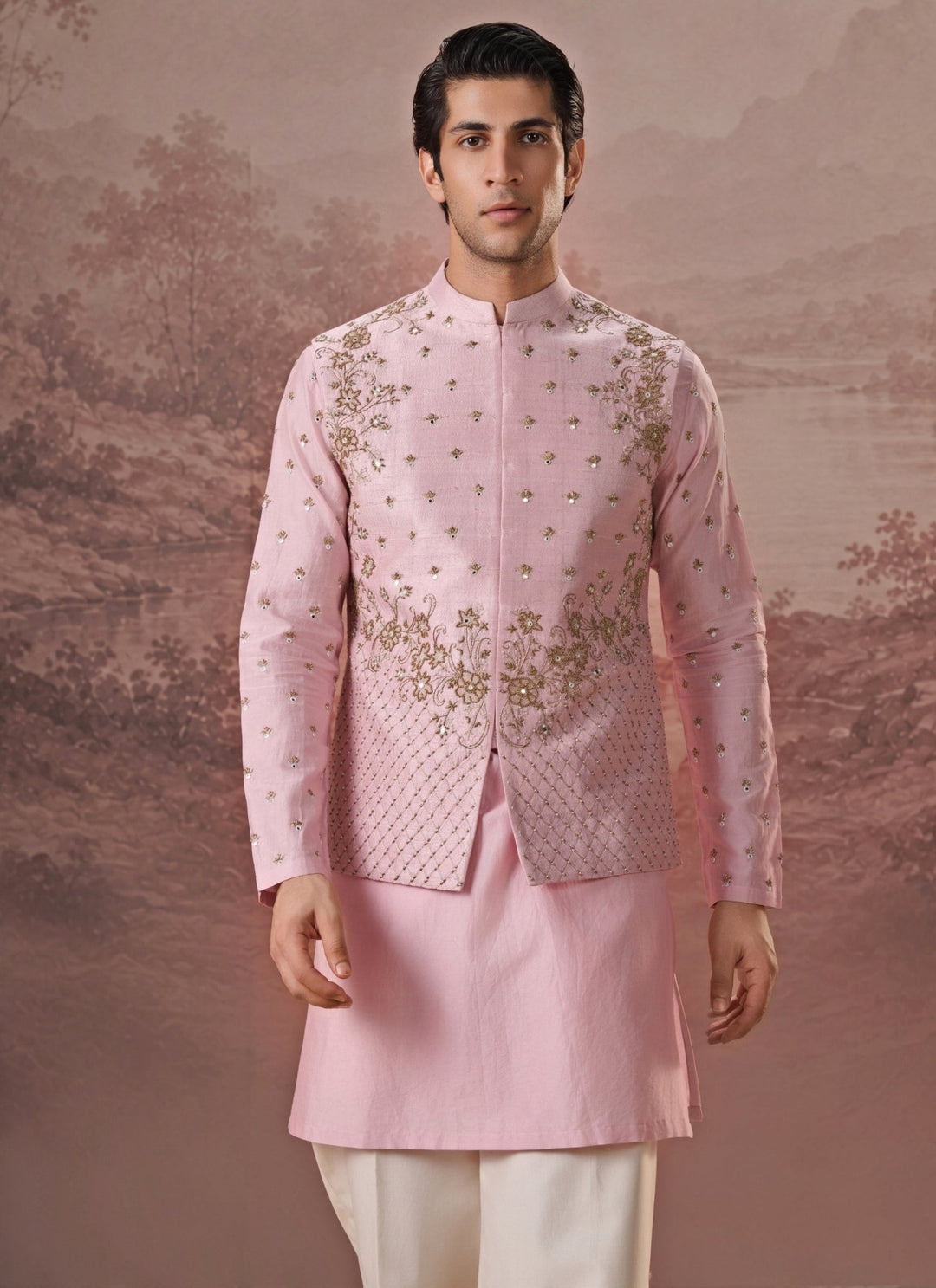 Contrast by Parth Pastel Pink Raw Silk Nehru Jacket SetFabilicious Fashion