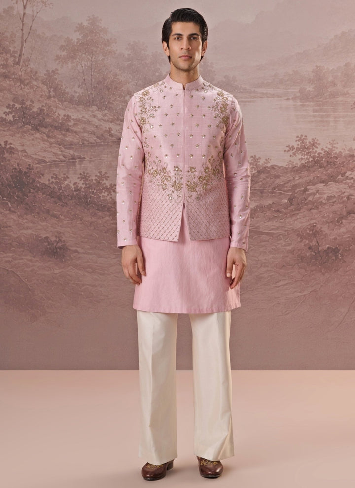 Contrast by Parth Pastel Pink Raw Silk Nehru Jacket SetFabilicious Fashion