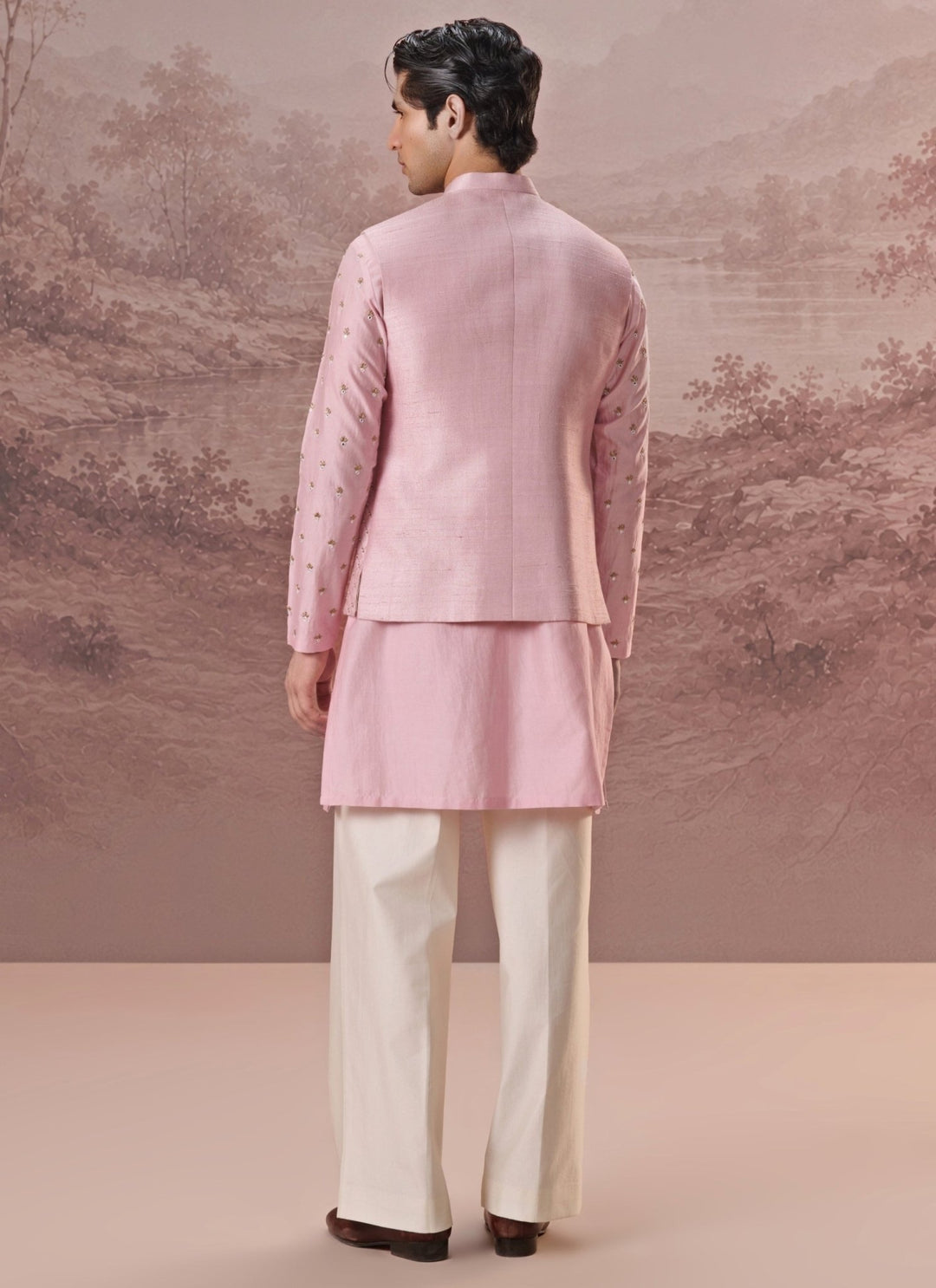 Contrast by Parth Pastel Pink Raw Silk Nehru Jacket SetFabilicious Fashion