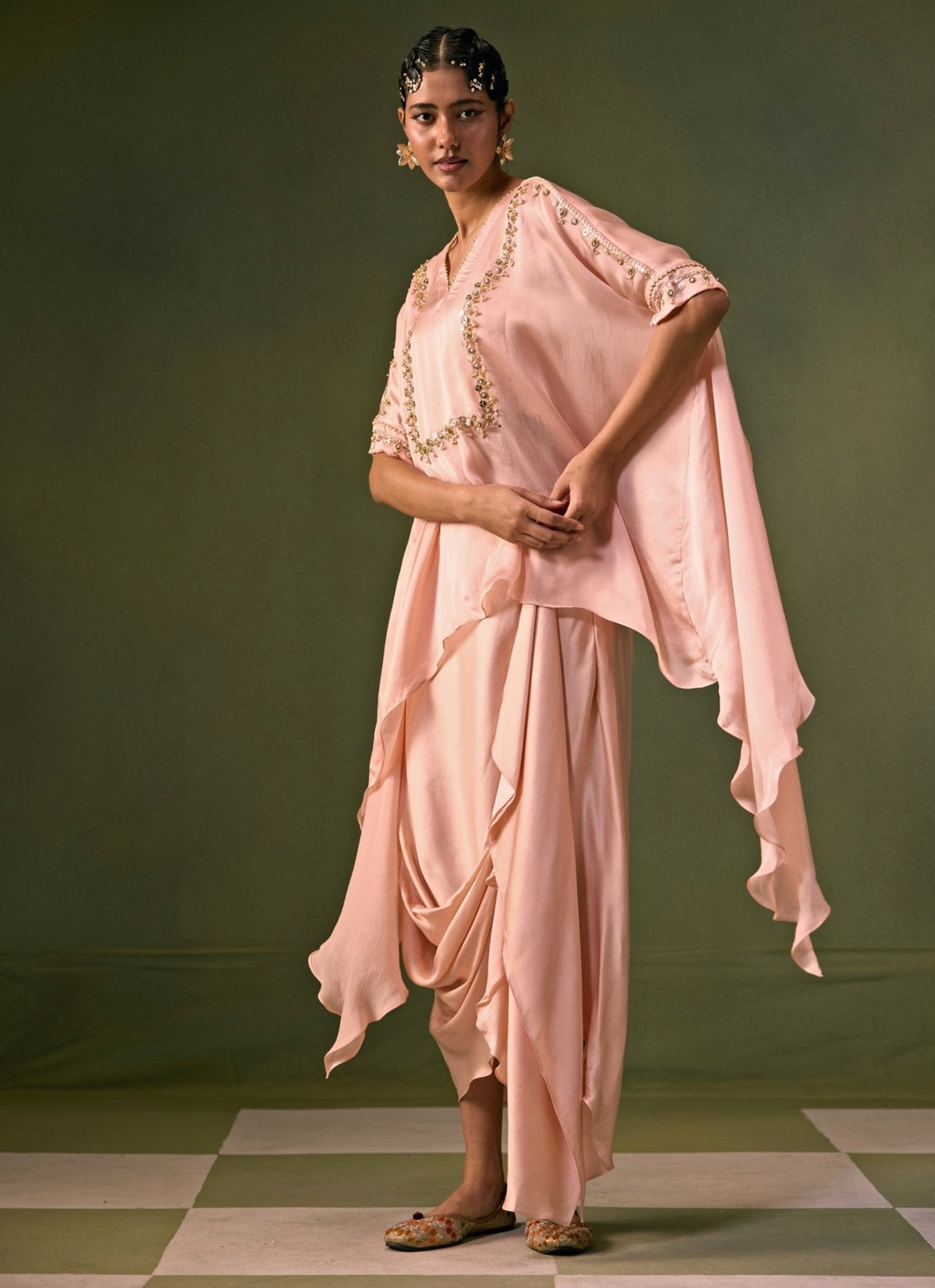 Prahnaaya Pastel Pink Satin Cowl Skirt With Asymmetric TopFabilicious Fashion