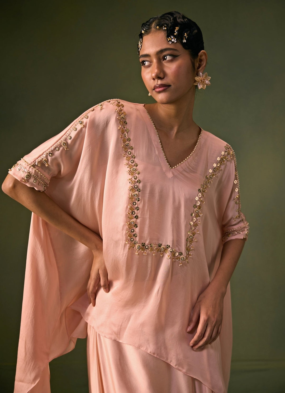 Prahnaaya Pastel Pink Satin Cowl Skirt With Asymmetric TopFabilicious Fashion
