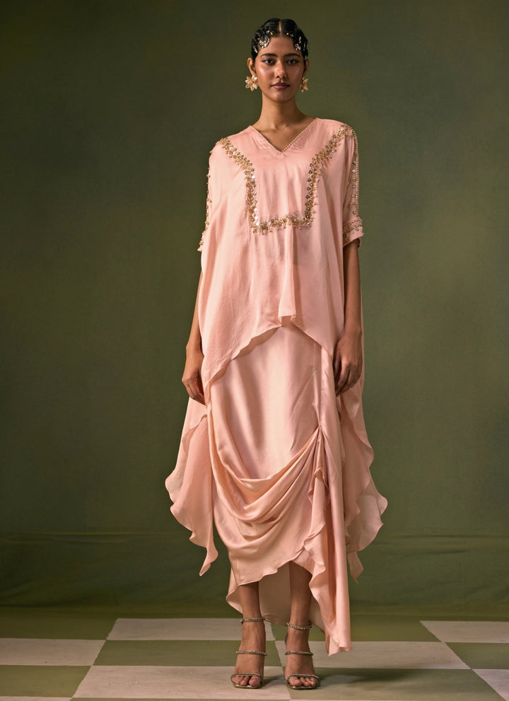 Prahnaaya Pastel Pink Satin Cowl Skirt With Asymmetric TopFabilicious Fashion