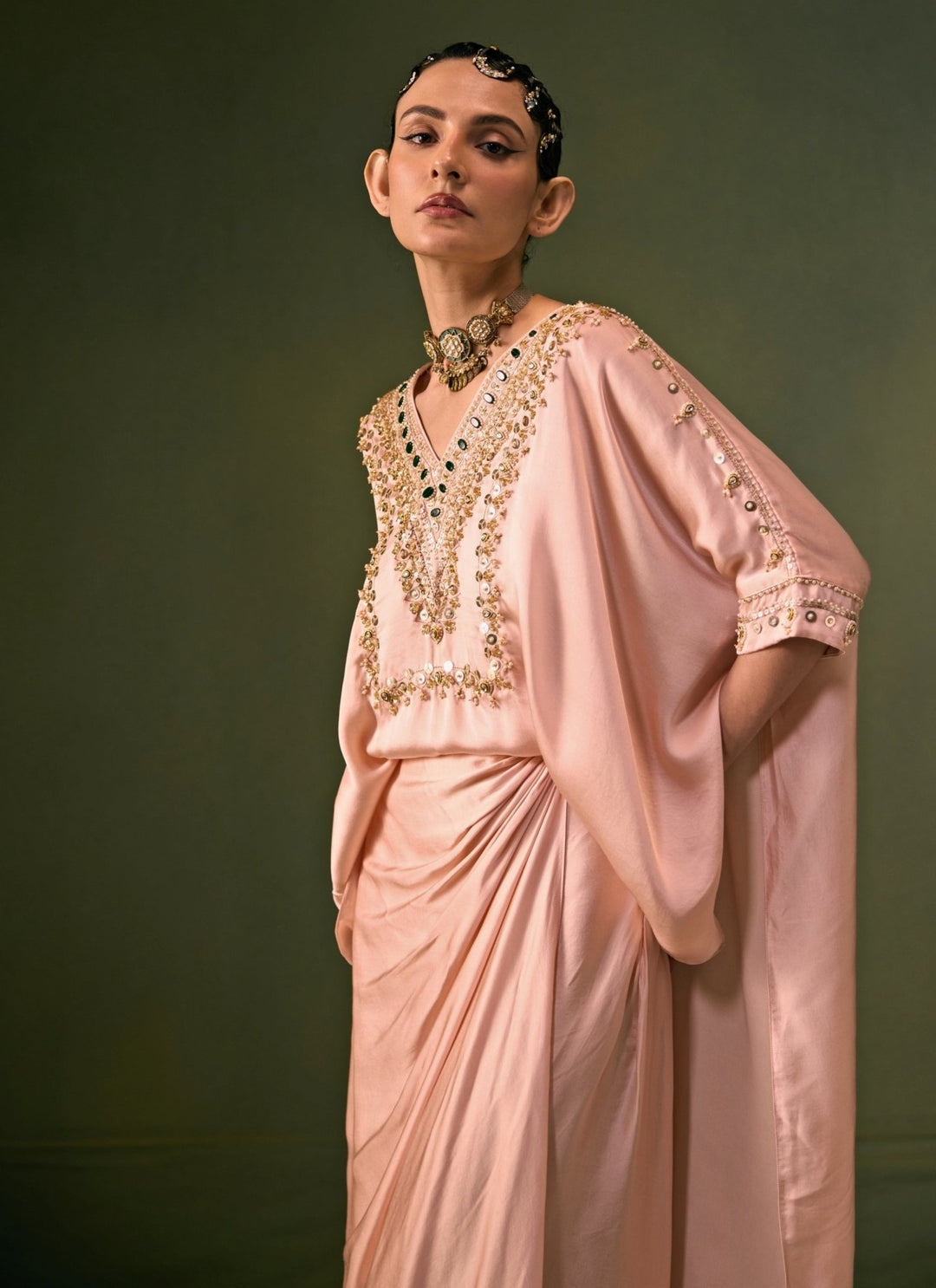 Prahnaaya Pastel Pink Satin Drape Skirt SetFabilicious Fashion