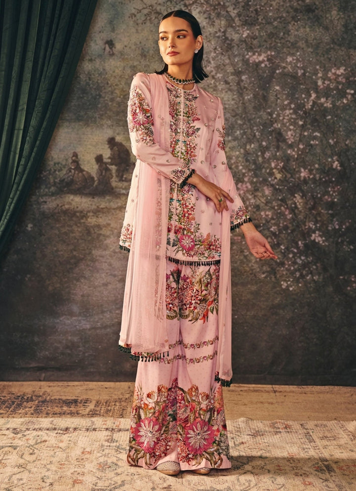 Pastel Pink Satin Kurta Palazzo Set Mani Bhatia - Fabilicious Fashion
