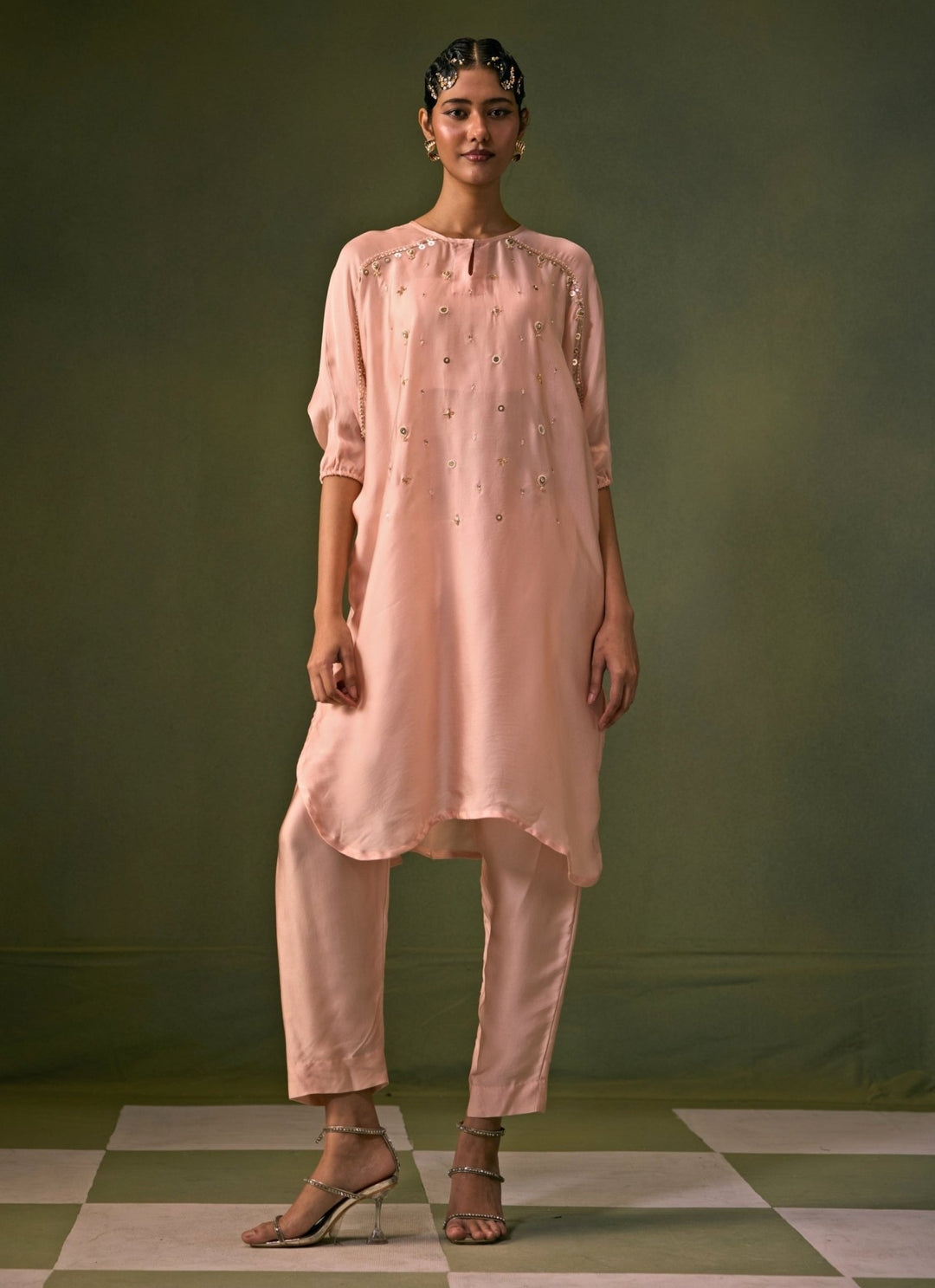 Prahnaaya Pastel Pink Satin Kurta Pants SetFabilicious Fashion