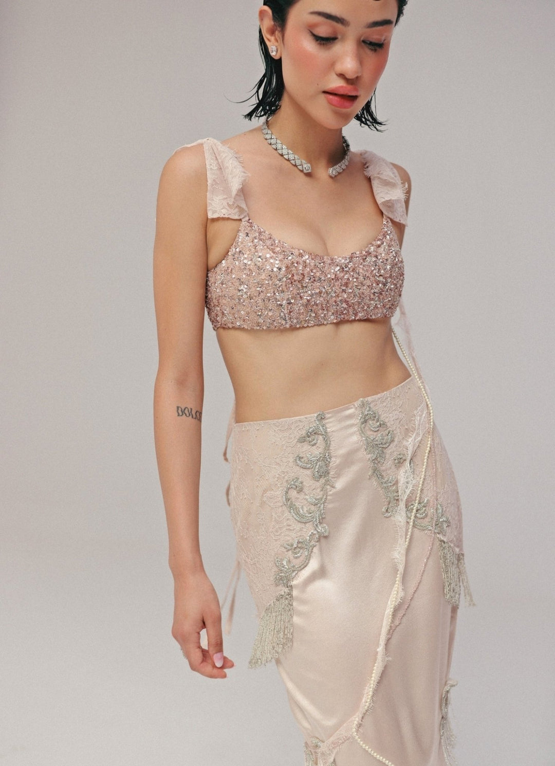 The Little Black Bow Pastel Pink Satin Silk Pencil Skirt SetFabilicious Fashion