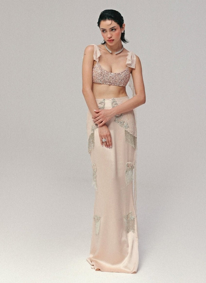 The Little Black Bow Pastel Pink Satin Silk Pencil Skirt SetFabilicious Fashion