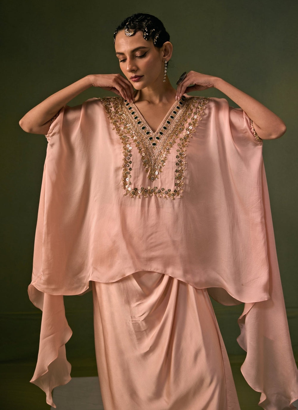 Prahnaaya Pastel Pink Satin Wrap Skirt Set With Asymmetric TopFabilicious Fashion
