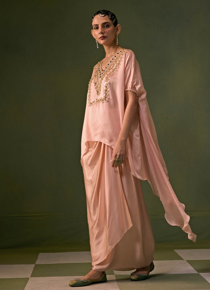 Prahnaaya Pastel Pink Satin Wrap Skirt Set With Asymmetric TopFabilicious Fashion