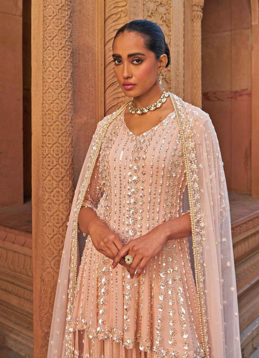 Pastel Pink Sequin Embellished Georgette Kurta Sharara Set Nidhika Shekhar - Fabilicious Fashion