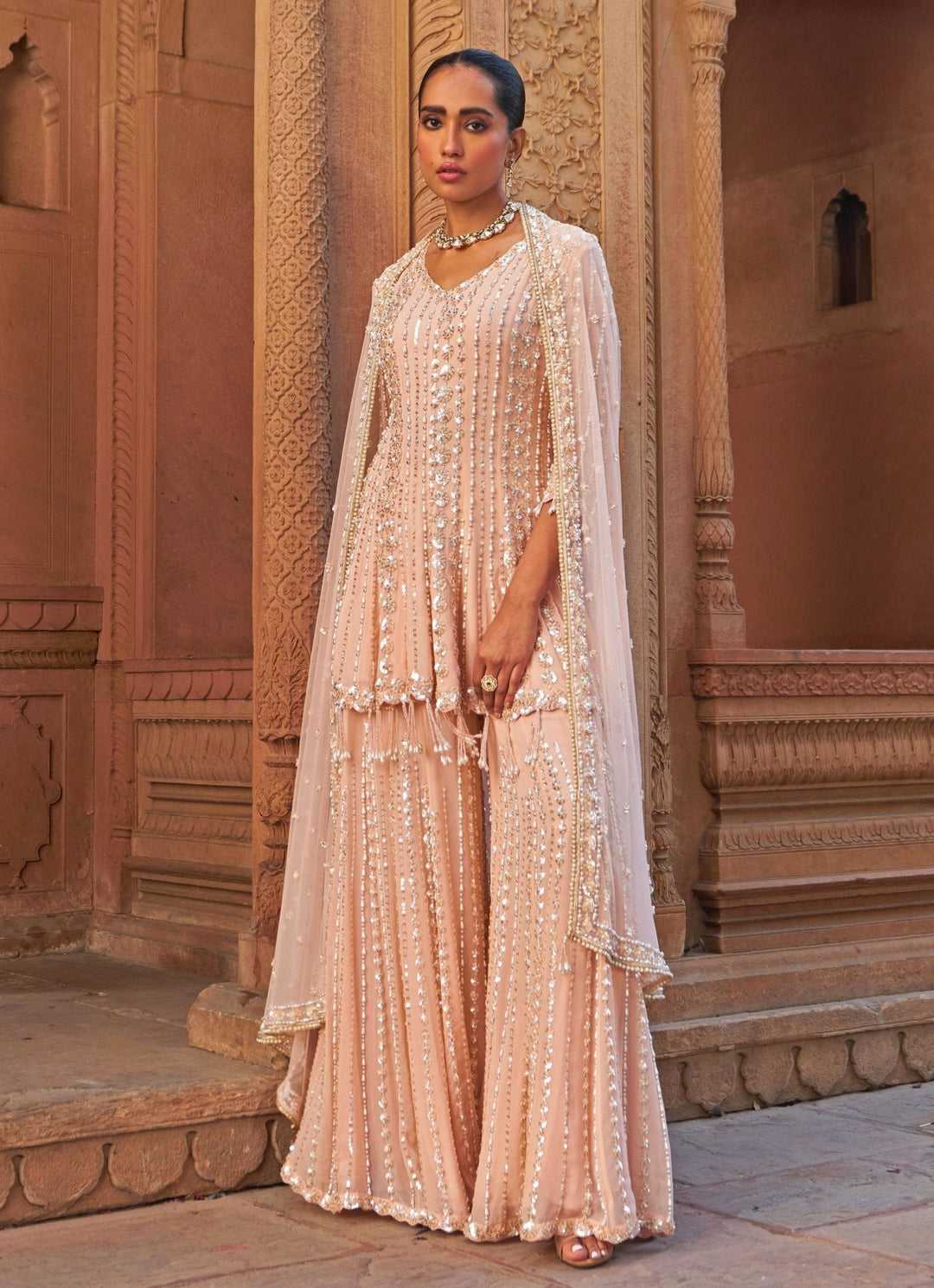 Pastel Pink Sequin Embellished Georgette Kurta Sharara Set Nidhika Shekhar - Fabilicious Fashion