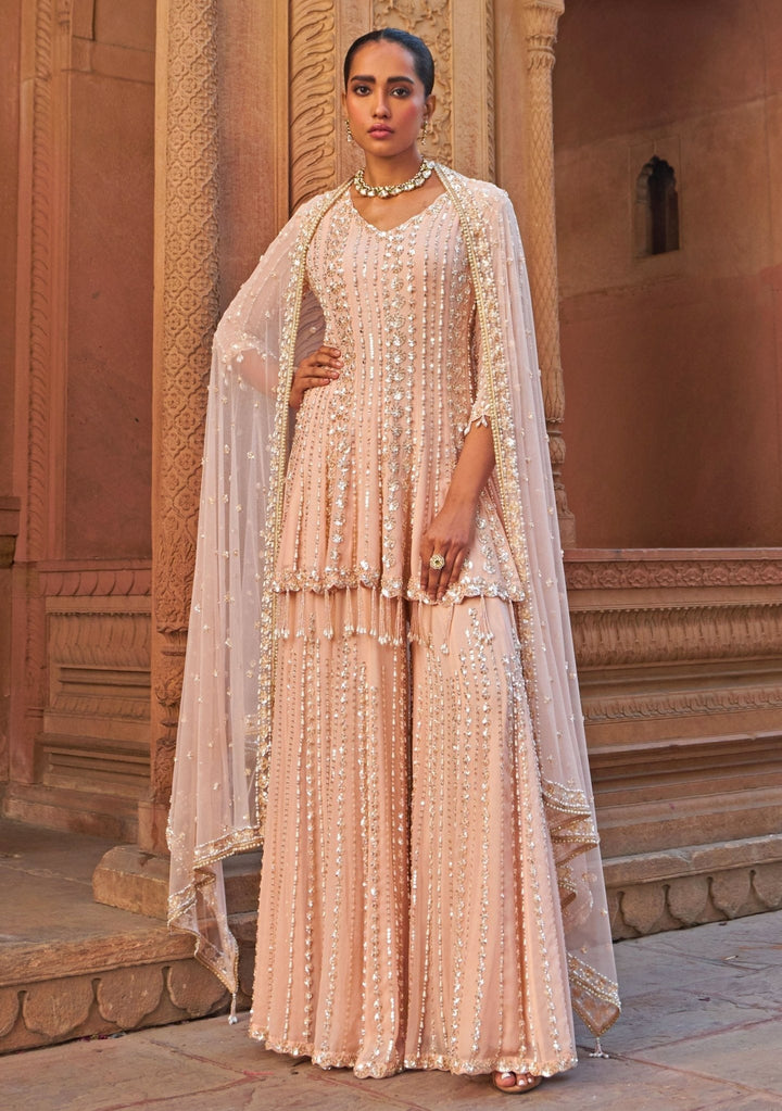 Pastel Pink Sequin Embellished Georgette Kurta Sharara Set Nidhika Shekhar - Fabilicious Fashion