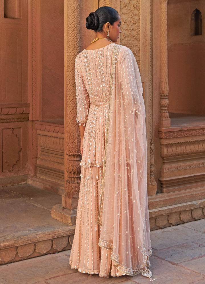 Pastel Pink Sequin Embellished Georgette Kurta Sharara Set Nidhika Shekhar - Fabilicious Fashion