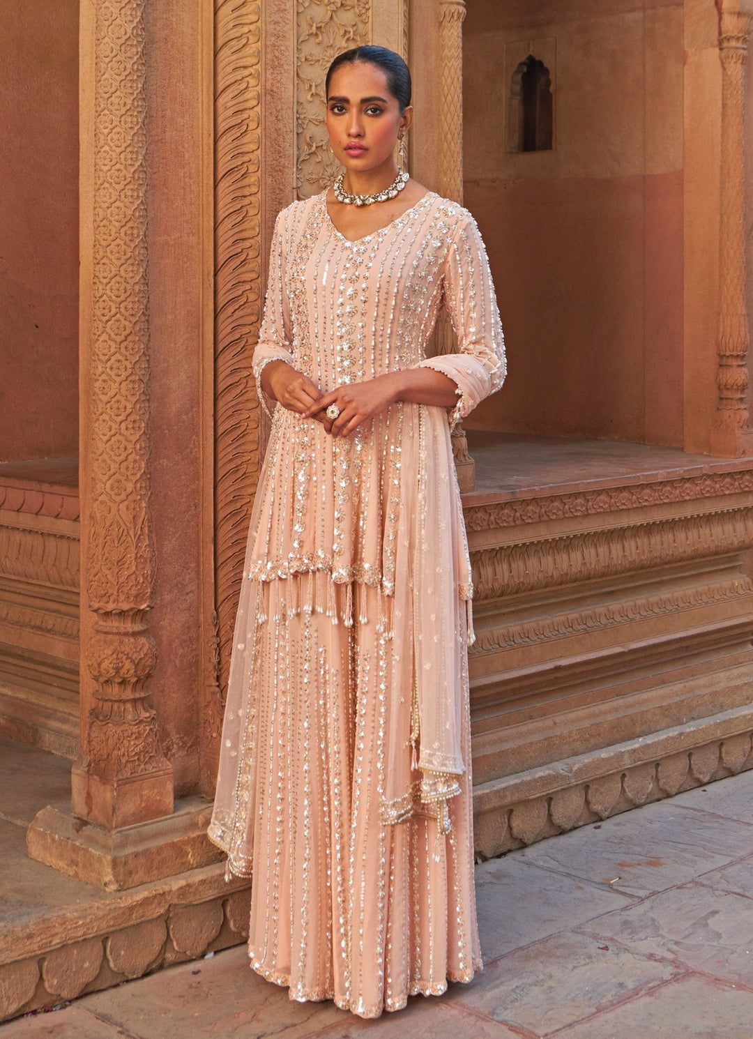 Pastel Pink Sequin Embellished Georgette Kurta Sharara Set Nidhika Shekhar - Fabilicious Fashion