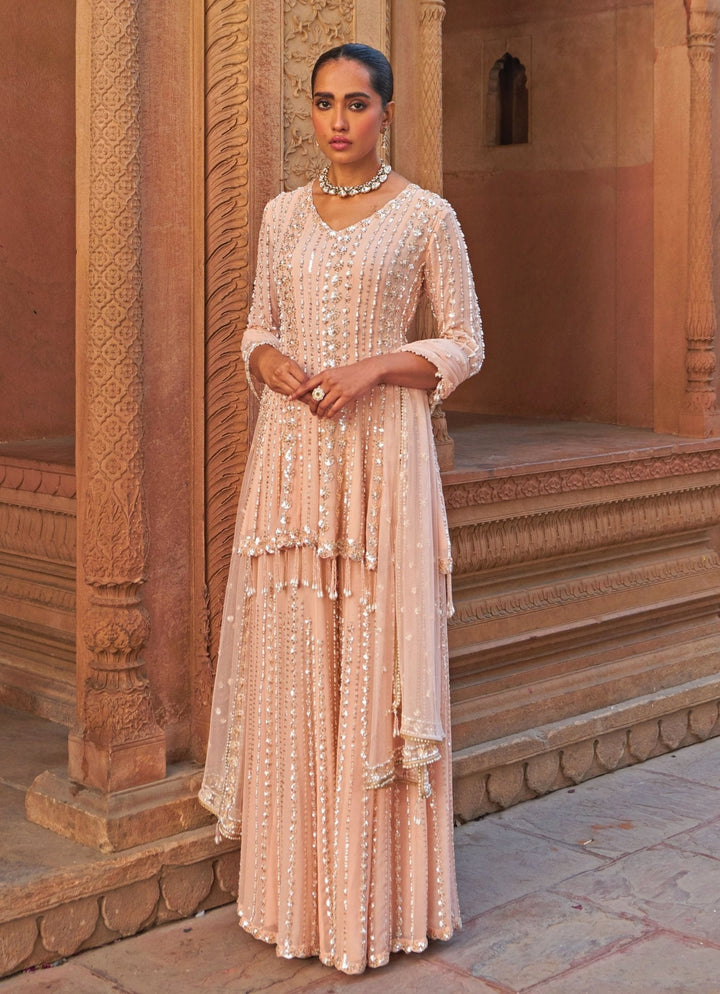 Pastel Pink Sequin Embellished Georgette Kurta Sharara Set Nidhika Shekhar - Fabilicious Fashion