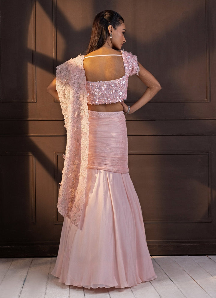 Pastel Pink Sequin Embroidered Draped Chiffon Saree Smriti - Fabilicious Fashion