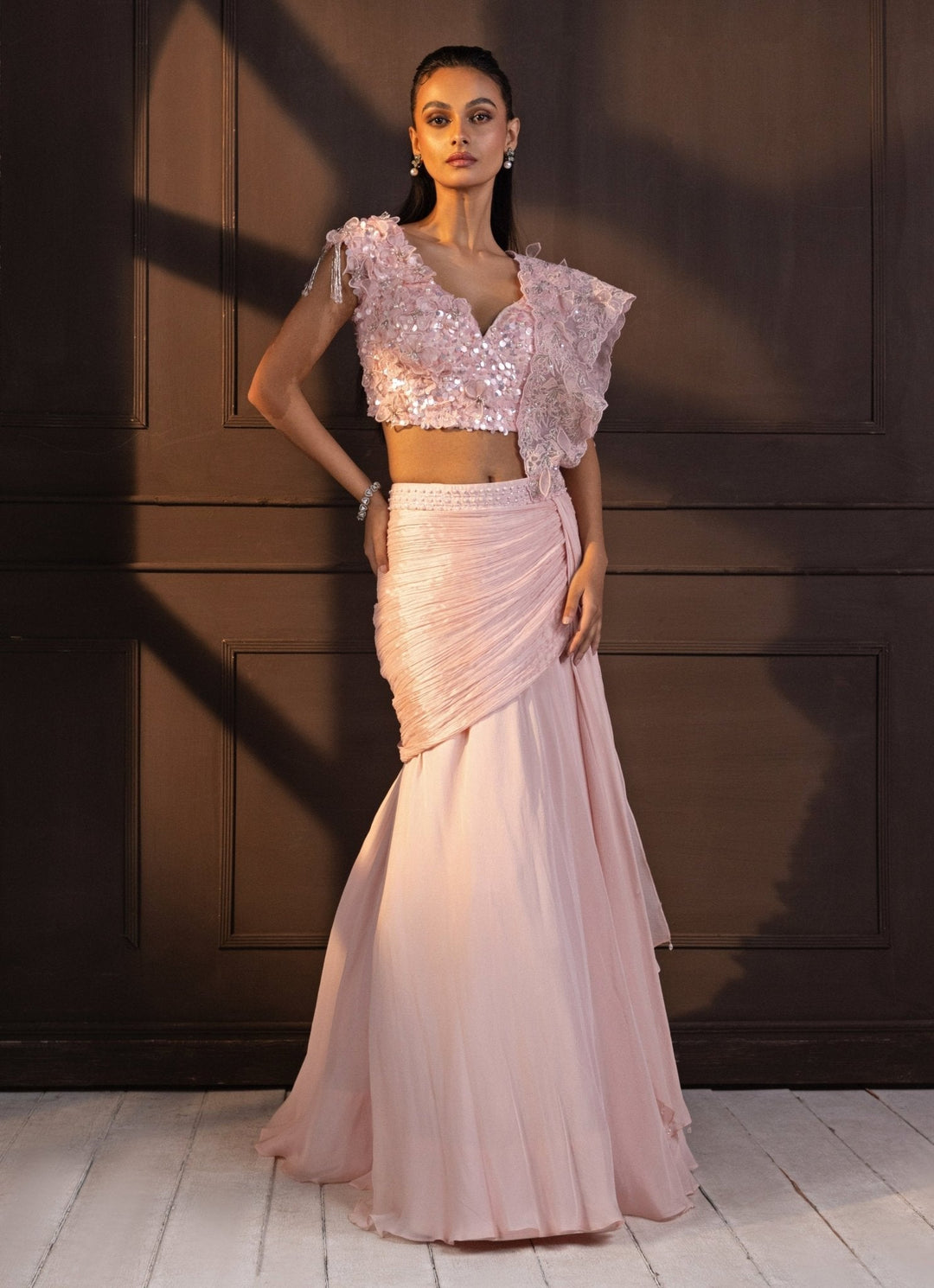 Pastel Pink Sequin Embroidered Draped Chiffon Saree Smriti - Fabilicious Fashion