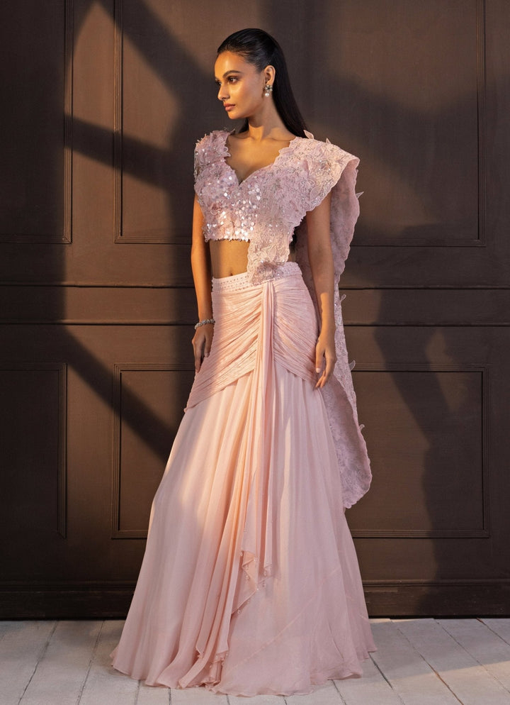 Pastel Pink Sequin Embroidered Draped Chiffon Saree Smriti - Fabilicious Fashion