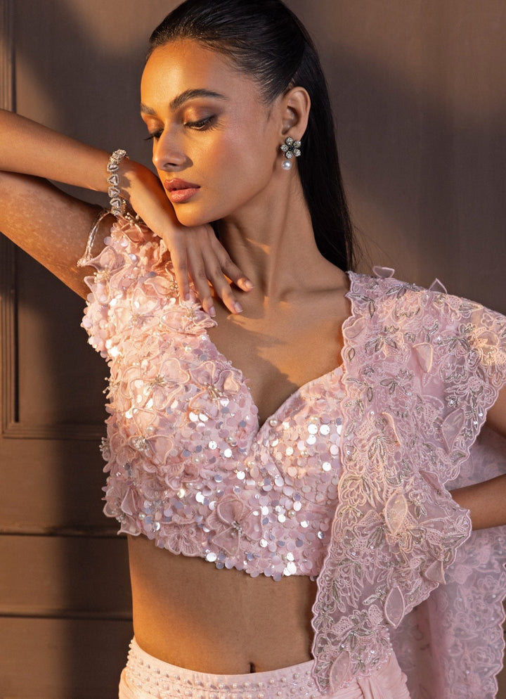 Pastel Pink Sequin Embroidered Draped Chiffon Saree Smriti - Fabilicious Fashion