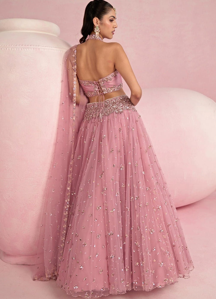 Pastel Pink Sequined Lehenga Set With Halter Blouse Prevasu - Fabilicious Fashion