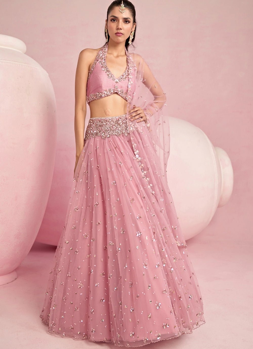 Pastel Pink Sequined Lehenga Set With Halter Blouse Prevasu - Fabilicious Fashion