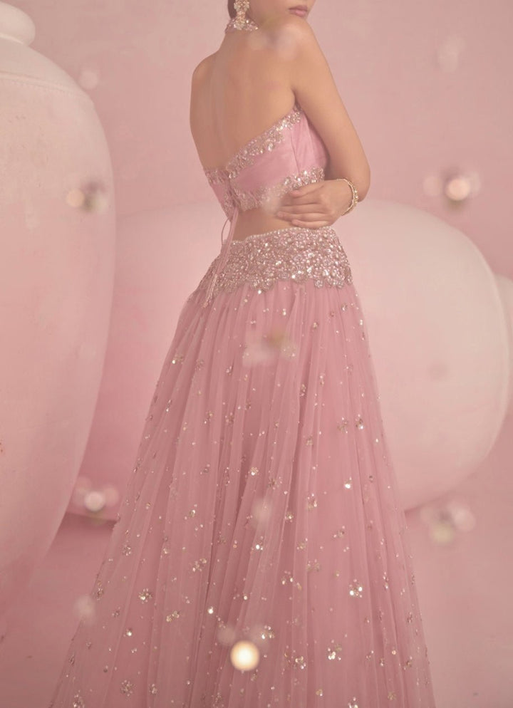 Pastel Pink Sequined Lehenga Set With Halter Blouse Prevasu - Fabilicious Fashion