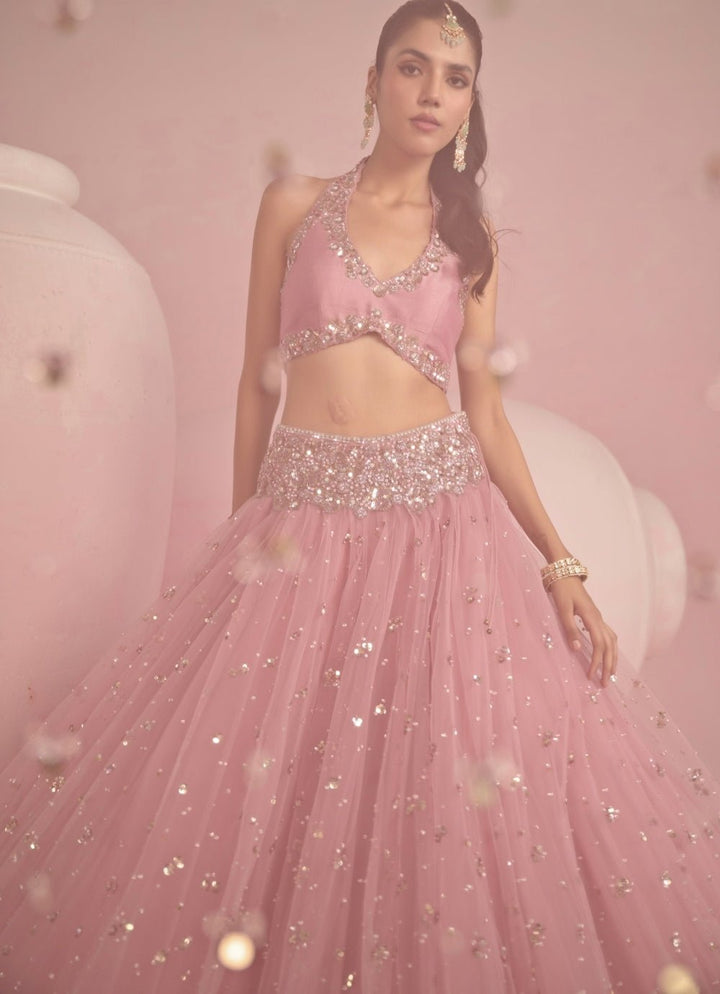 Pastel Pink Sequined Lehenga Set With Halter Blouse Prevasu - Fabilicious Fashion