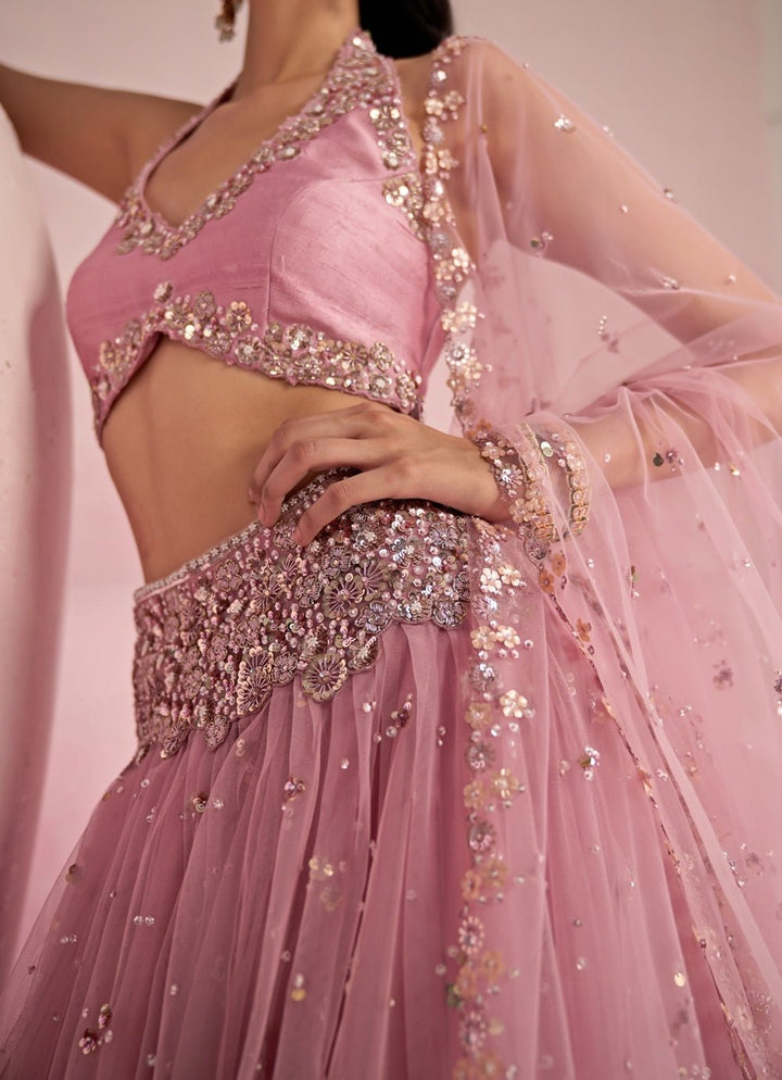 Pastel Pink Sequined Lehenga Set With Halter Blouse Prevasu - Fabilicious Fashion