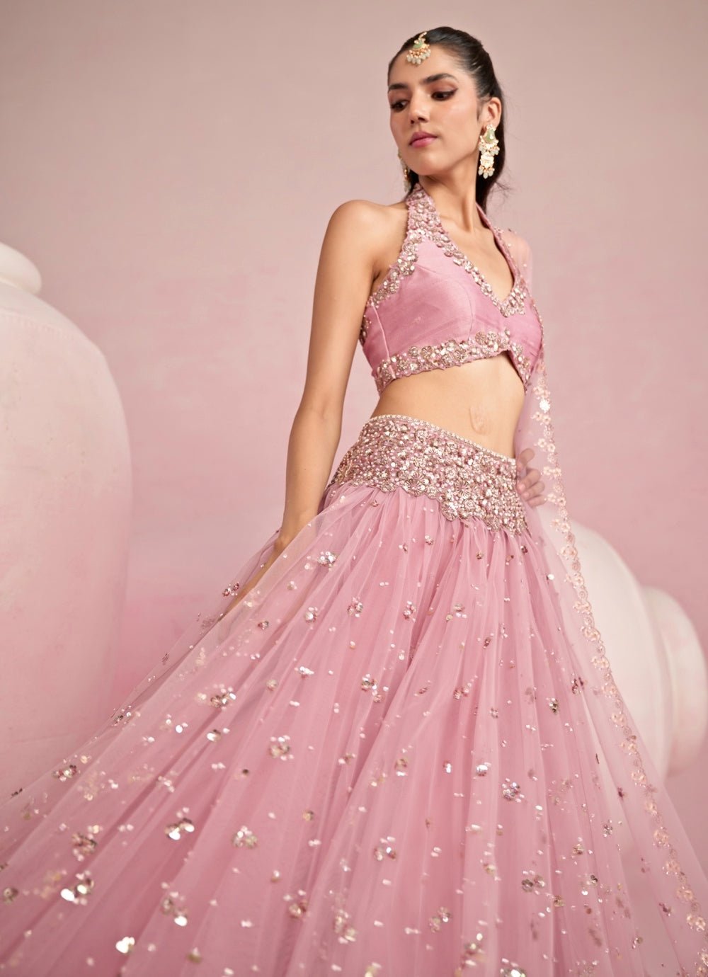 Pastel Pink Sequined Lehenga Set With Halter Blouse Prevasu - Fabilicious Fashion