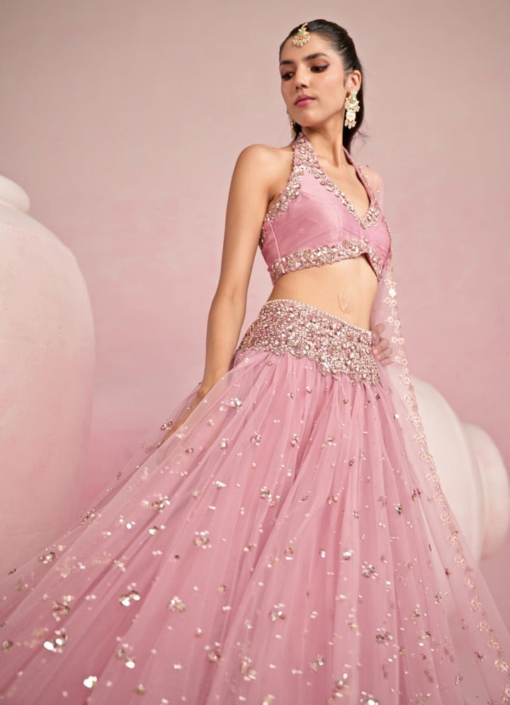 Pastel Pink Sequined Lehenga Set With Halter Blouse Prevasu - Fabilicious Fashion