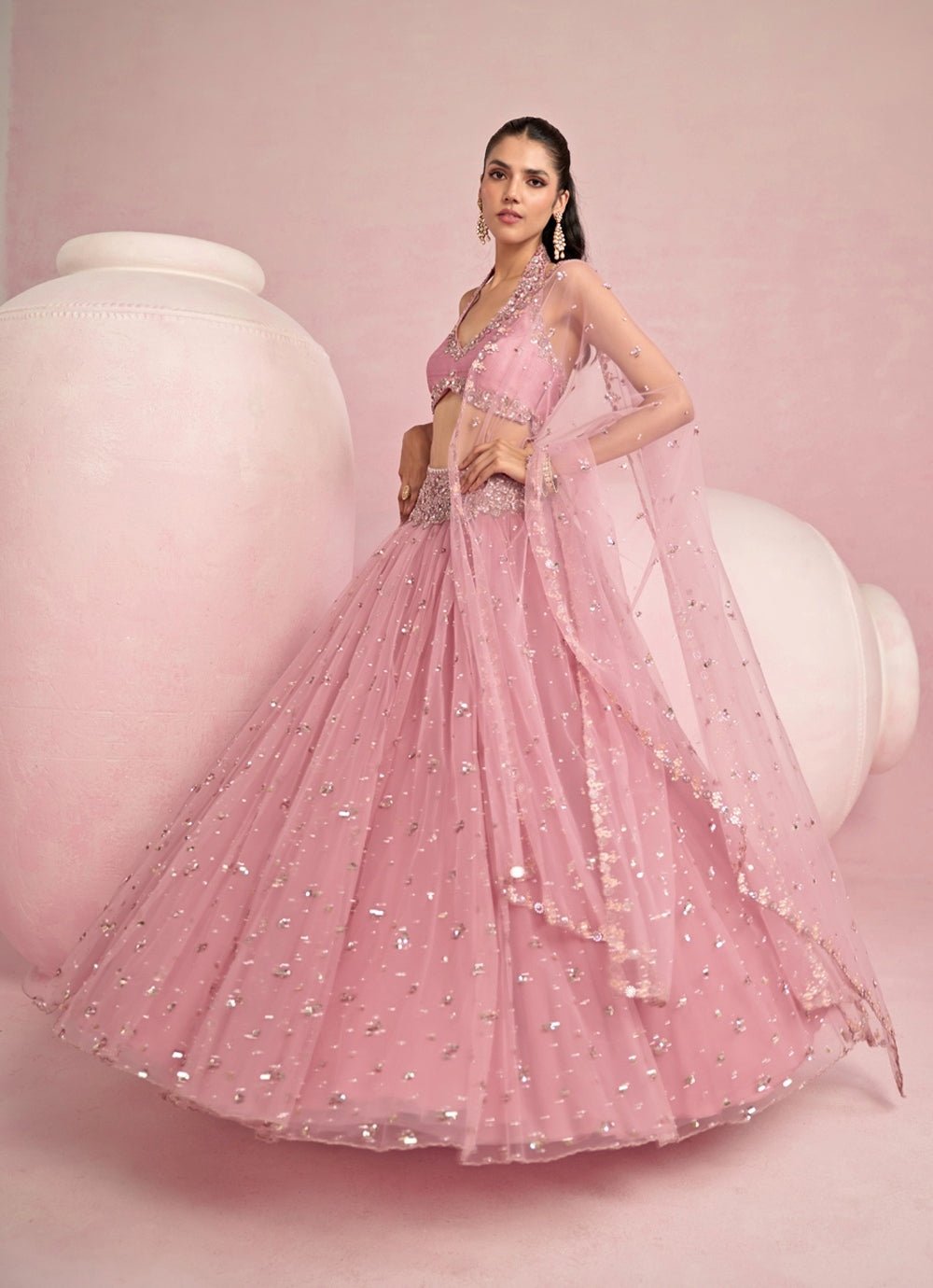 Pastel Pink Sequined Lehenga Set With Halter Blouse Prevasu - Fabilicious Fashion