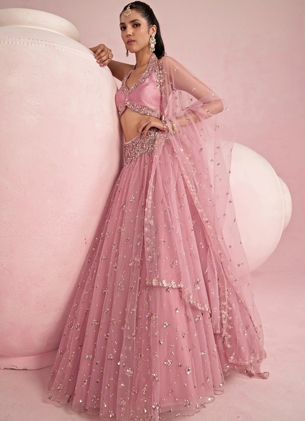 Pastel Pink Sequined Lehenga Set With Halter Blouse Prevasu - Fabilicious Fashion